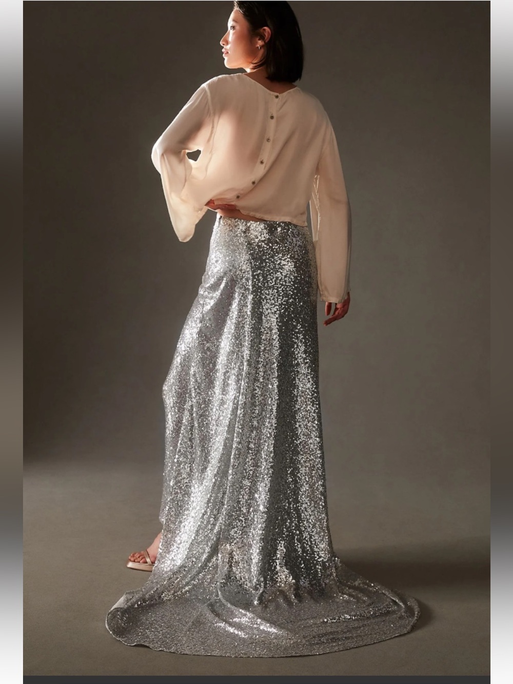NWT retail $228 size M #Anthropologie,”Sequin Train Maxi Skirt in Silver”.